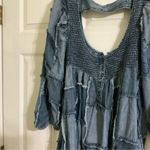 NWT- A Rare Bird patchwork keyhole, denim top- O/S